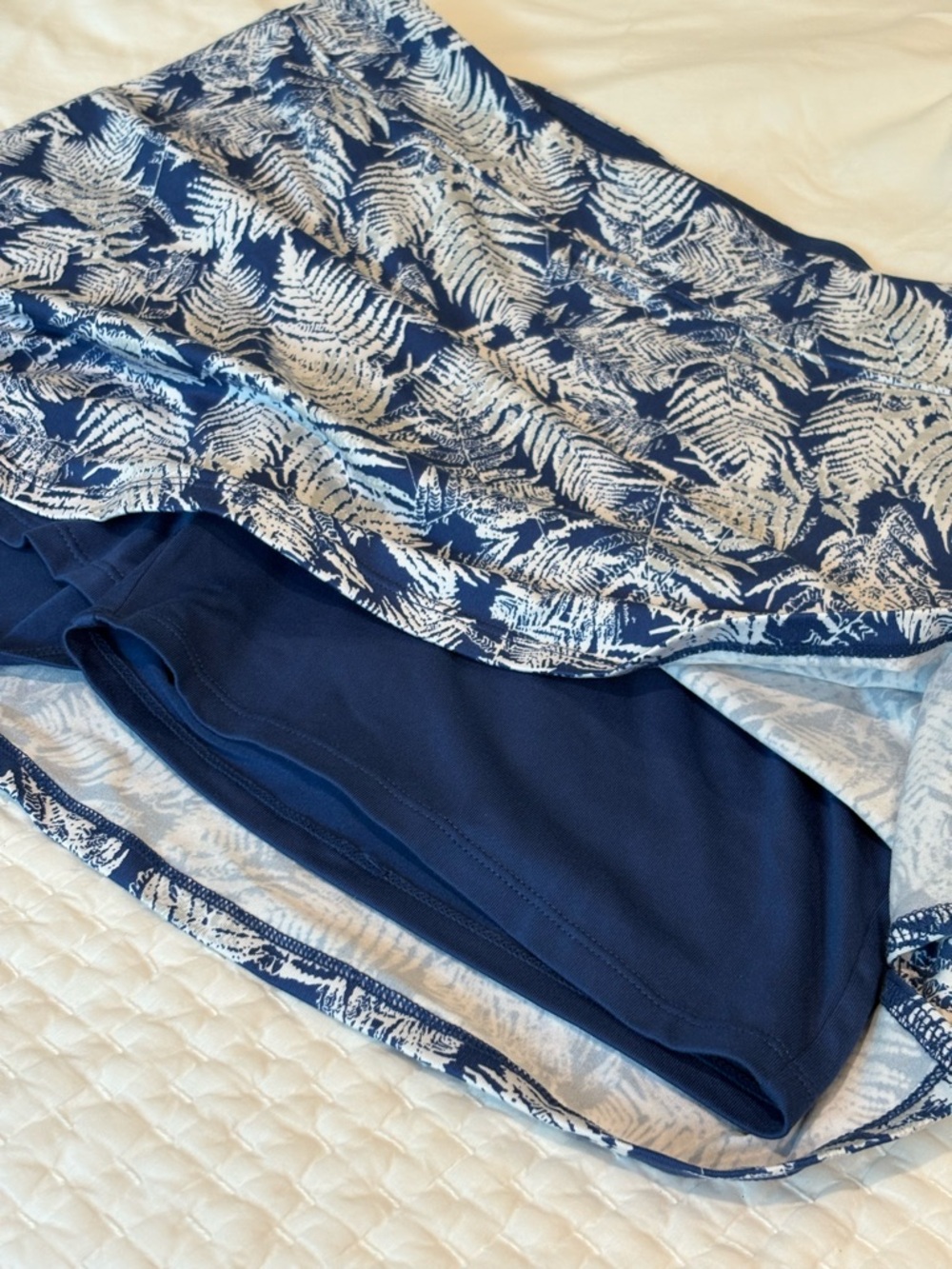 Blue White Fern Print Skirt with Built-in Shorts and white crop top